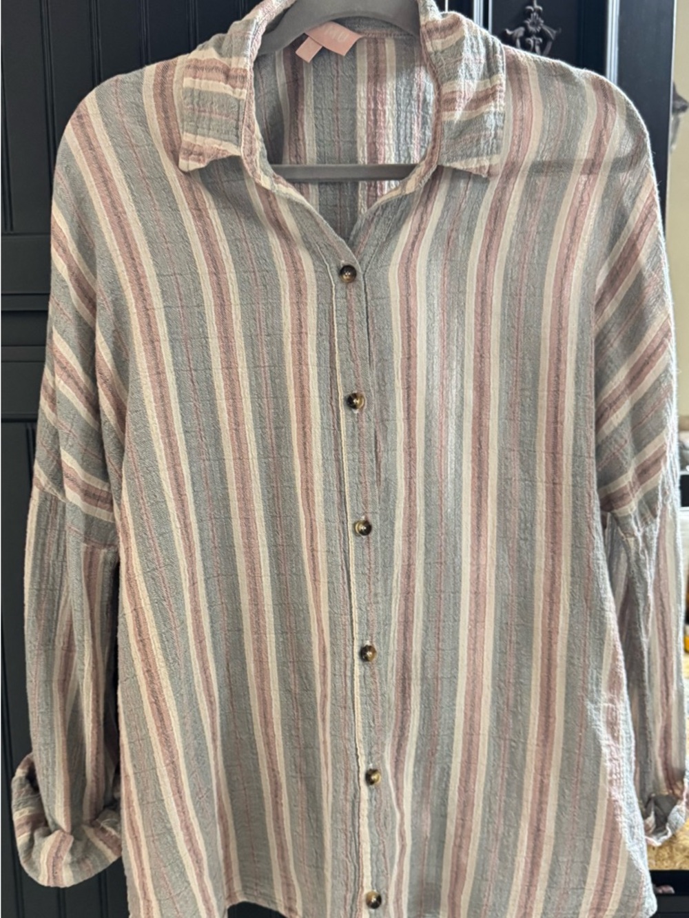 Show Me Your MuMu Striped Button-Down Shirt in Sage, Blush & Cream